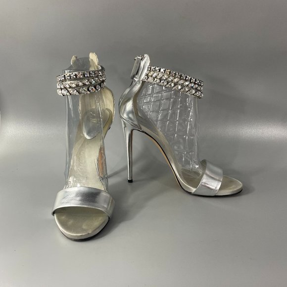 Giuseppe Zanotti Silver Leather and Satin Crystal Embellished Ankle Strap Sandal